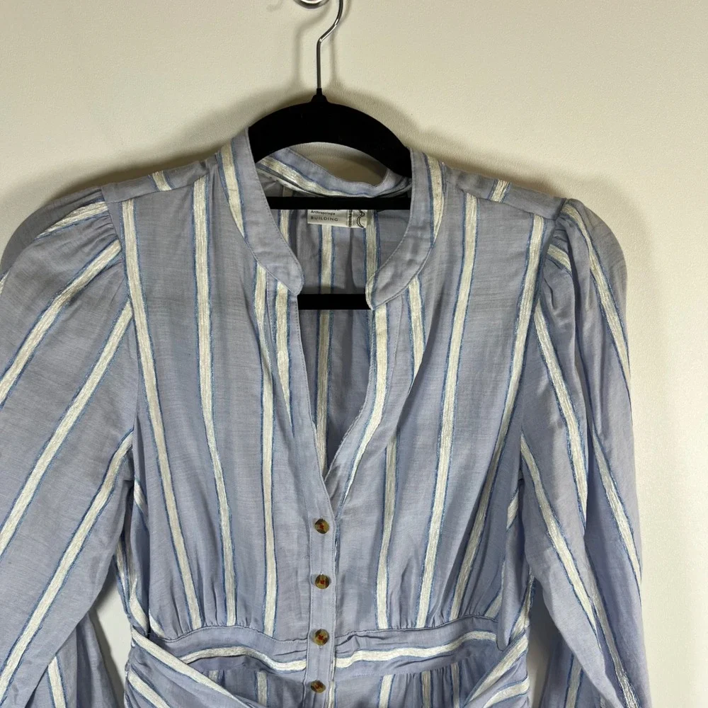 Anthropologie Building Blue White Striped Tie Waist Button Down Blouse‎ Top Sz 8